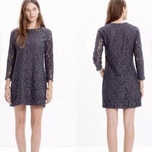 Madewell Charcoal Gray Lace Shift Sheath Dress Sz 8 Long Sleeve Sheer Panel
